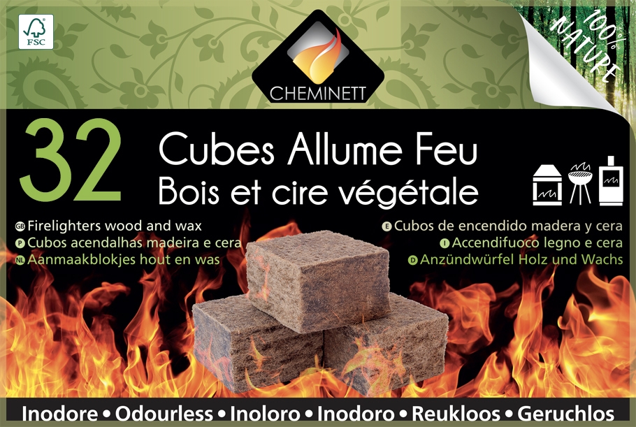 Helvet 32 Allume Feu Naturel pour Cheminée et Poele à Bois en Cube – Brûle  7 Minutes – Produit Ecologique 100% Bois & Cire Végétale, Normal, (LDFC32)